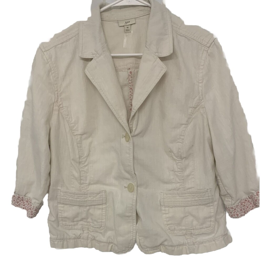 J JILL Jacket Womens 16 Cream Cropped Linen Blazer 3/4 Sleeve Pink Floral VTG